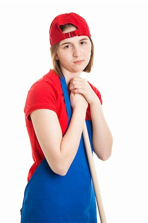 simsearch:400-06917337,k - Sad teenage girl in her work uniform, leaning on her mop or broom. Photographie de stock - Aubaine LD & Abonnement, Code: 400-06327899