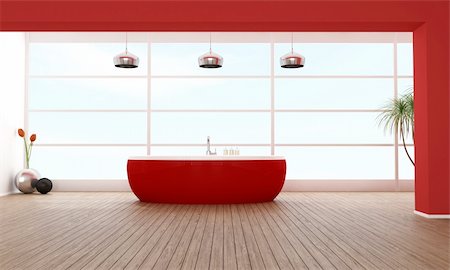 Minimalist bathroom with red bathtub against big window - rendering Stock Photo - Budget Royalty-Free & Subscription, Code: 400-06328377