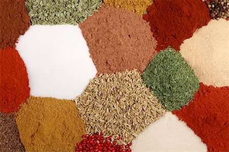 salt and sugar - Colorful spices like pepper, paprika, curry and caraway form a background Stock Photo - Budget Royalty-Free & Subscription, Code: 400-06328455