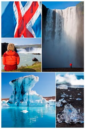 Montage of people hiking and exploring the landscape of Iceland including Skogafoss and Godafoss waterfalls and Jokulsarlon iceberg lake Stockbilder - Microstock & Abonnement, Bildnummer: 400-06328493