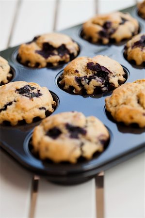 simsearch:400-07034479,k - Close-up on delicious and healthy home-made blueberry muffins Stock Photo - Budget Royalty-Free & Subscription, Code: 400-06328909