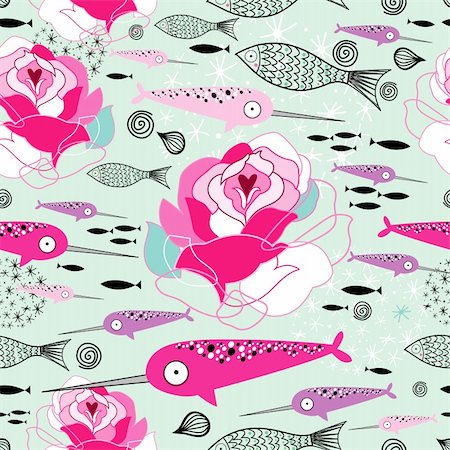 seamless graphic floral pattern with fish and narwhal on a green background Stockbilder - Microstock & Abonnement, Bildnummer: 400-06329004