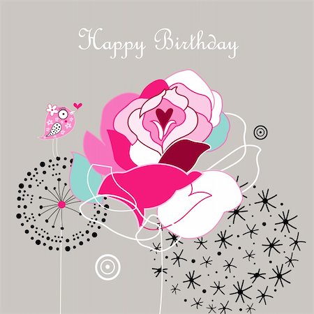 graphical greeting card with a rose and a bird on a gray background Foto de stock - Super Valor sin royalties y Suscripción, Código: 400-06329003