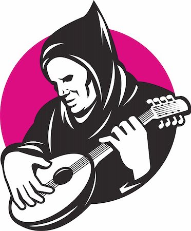 Illustration of a hooded man playing stringed musical instrument banjo guitar done in retro style. Foto de stock - Super Valor sin royalties y Suscripción, Código: 400-06329848