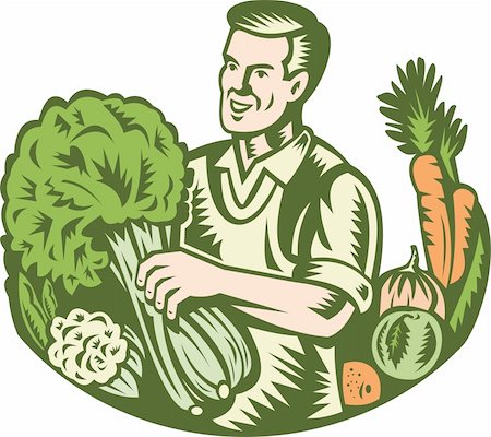 Illustration of an organic farmer green grocer with leafy green vegetables crop farm harvest done in retro woodcut style. Foto de stock - Super Valor sin royalties y Suscripción, Código: 400-06329873