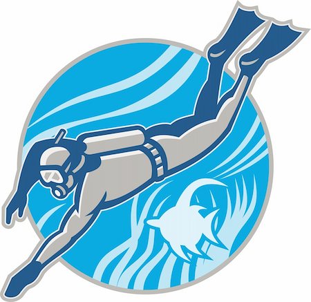 poisson-ange - Illustration of a scuba diver diving swimming underwater with angle fish set inside circle done in retro style. Photographie de stock - Aubaine LD & Abonnement, Code: 400-06329880