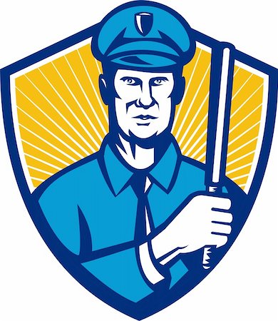 policeman holding baton - Illustration of a policeman police officer holding a baton facing front set inside shield done in retro style. Stock Photo - Budget Royalty-Free & Subscription, Code: 400-06329895