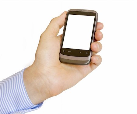 Hand holding mobile smart phone with blank screen Isolated on white Foto de stock - Super Valor sin royalties y Suscripción, Código: 400-06329934