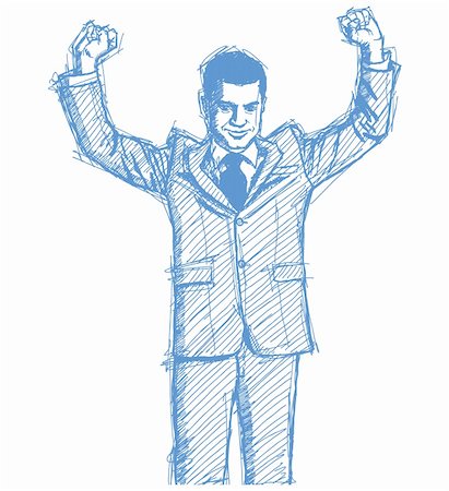 sketching idea - Vector Sketch, comics style happy businessman with hands up, celebrating his victory Stock Photo - Budget Royalty-Free & Subscription, Code: 400-06334084