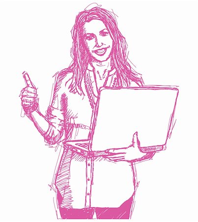 sketching idea - Vector Sketch, comics style businesswoman with red laptop shows well done Stock Photo - Budget Royalty-Free & Subscription, Code: 400-06334086