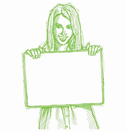 sketching idea - Vector Sketch, comics style happy business woman holding blank white card in her hands Stock Photo - Budget Royalty-Free & Subscription, Code: 400-06334088