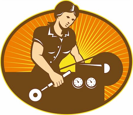 Illustration of a female machinist factory worker working on lathe machine set inside ellipse done in retro style. Stockbilder - Microstock & Abonnement, Bildnummer: 400-06334174