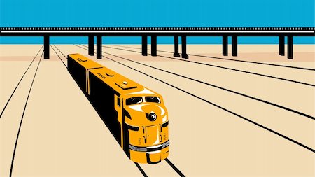 Illustration of a diesel train viewed from a high angle done in retro style with train tracks and viaduct bridge. Stock Photo - Budget Royalty-Free & Subscription, Code: 400-06334179