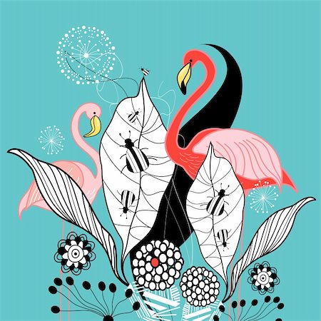 flamingo not pink not bird - graphic bright background with plants and red flamingos Stock Photo - Budget Royalty-Free & Subscription, Code: 400-06330020