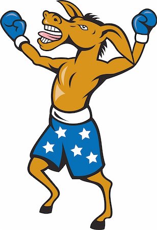 Cartoon illustration of a donkey jackass boxer with boxing gloves and stars shorts as democrat mascot celebrating victory championship. Foto de stock - Super Valor sin royalties y Suscripción, Código: 400-06330066