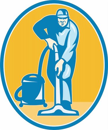 simsearch:400-08680419,k - Illustration of a janitor cleaner worker vacuum cleaning facing front set inside ellispe done in retro style. Stock Photo - Budget Royalty-Free & Subscription, Code: 400-06330094