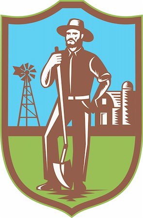 spade shovel vintage - Illustration of a farmer standing leaning on spade shovel with windmill farmhouse barn in background set inside shield done in retro woodcut style. Photographie de stock - Aubaine LD & Abonnement, Code: 400-06330105