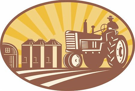 farm silo barn - Illustration of a farmer driving a vintage farm tractor with barn and silos in background done in retro woodcut style. Stock Photo - Budget Royalty-Free & Subscription, Code: 400-06330106