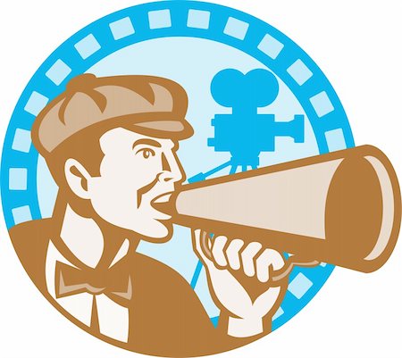 Illustration of a movie director shouting using bullhorn with vintage film video camera set inside circle with film reel done in retro style. Stock Photo - Budget Royalty-Free & Subscription, Code: 400-06330101
