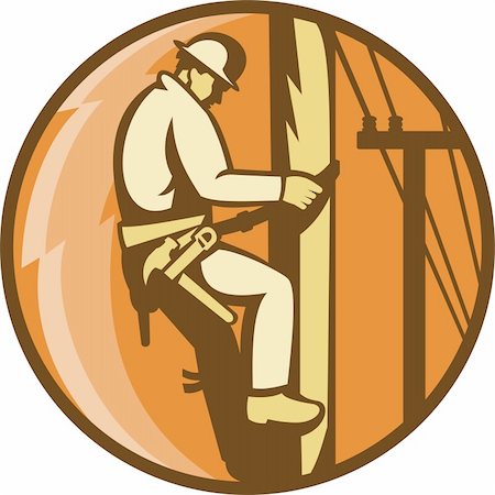 Illustration of a power lineman worker electrician climbing electricity utility post with lightning bolt set inside circle done in retro style. Photographie de stock - Aubaine LD & Abonnement, Code: 400-06330118