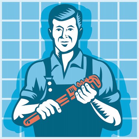 person holding monkey wrench - Illustration of a plumber worker tradesman holding monkey wrench with tile in background done in retro style. Stock Photo - Budget Royalty-Free & Subscription, Code: 400-06330124