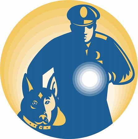 security guard torch - Illustration of a security guard policeman with police guard dog and flashlight facing front set inside circle done in retro style. Stock Photo - Budget Royalty-Free & Subscription, Code: 400-06330129