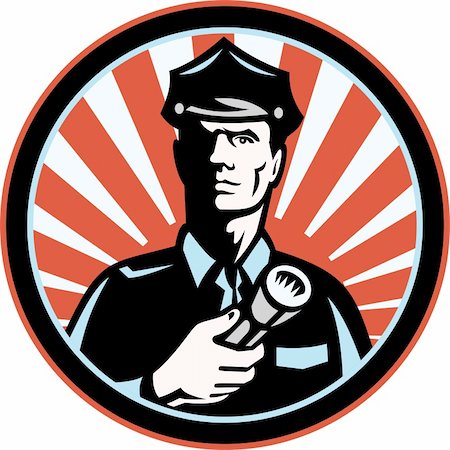 security guard torch - Illustration of a police officer policeman security guard holding a flashlight torch set inside circle done in retro style. Stock Photo - Budget Royalty-Free & Subscription, Code: 400-06330130