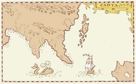 schatzkarte - Illustration of a treasure map showing island with coast and compass star done in vintage style. Stockbilder - Microstock & Abonnement, Bildnummer: 400-06330145