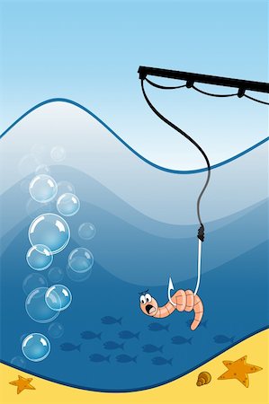 fish eating people cartoon - Scared worm on fishing hook Stock Photo - Budget Royalty-Free & Subscription, Code: 400-06330346