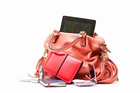 Pink Leather Ladies Handbag with Tablet PC on white background Stock Photo - Budget Royalty-Free & Subscription, Code: 400-06330478