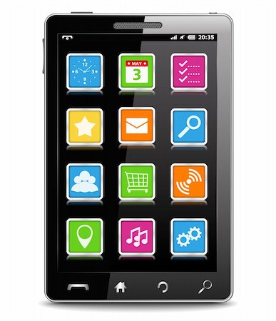 Modern black mobile phone with square icons on the screen, vector eps10 illustration Photographie de stock - Aubaine LD & Abonnement, Code: 400-06331594