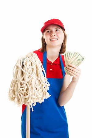 simsearch:400-06333295,k - Young adult or teenage girl daydreams about the money she'll make working.  Isolated on white. Photographie de stock - Aubaine LD & Abonnement, Code: 400-06331697