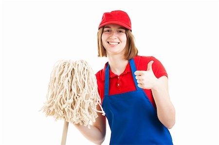 simsearch:400-06685903,k - Teenage girl in a work uniform, holding a mop and giving the thumbs up sign.  Isolated on white. Fotografie stock - Microstock e Abbonamento, Codice: 400-06331717