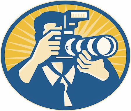 Illustration of a photographer shooting DSLR camera with flash and zoom lens set inside ellipse done in retro style. Stock Photo - Budget Royalty-Free & Subscription, Code: 400-06331930