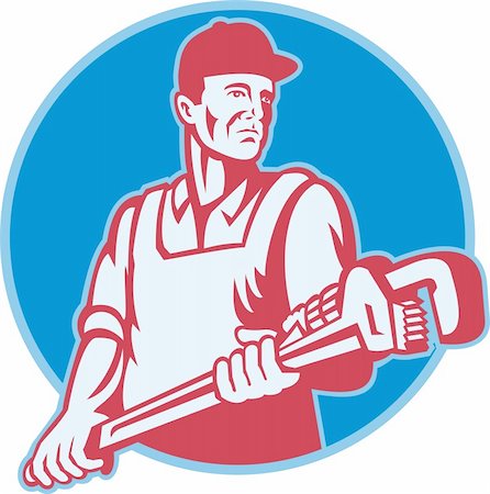 engrenagens - Retro illustration of a plumber worker carrying a giant adjustable monkey wrench viewed from front set inside circle on isolated white background. Foto de stock - Royalty-Free Super Valor e Assinatura, Número: 400-06331932
