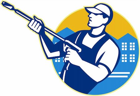 simsearch:400-08680419,k - Illustration of a worker with water blaster pressure power washing sprayer spraying set inside circle done in retro style. Stock Photo - Budget Royalty-Free & Subscription, Code: 400-06331965