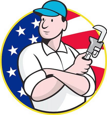 engrenagens - Cartoon illustration of an American plumber worker repairman tradesman with adjustable monkey wrench set inside circle with stars and stripes flag. Foto de stock - Royalty-Free Super Valor e Assinatura, Número: 400-06331960