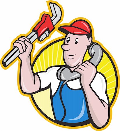engrenagens - Cartoon illustration of a plumber worker repairman tradesman with adjustable monkey wrench talking on telephone phone set inside circle. Foto de stock - Royalty-Free Super Valor e Assinatura, Número: 400-06331962