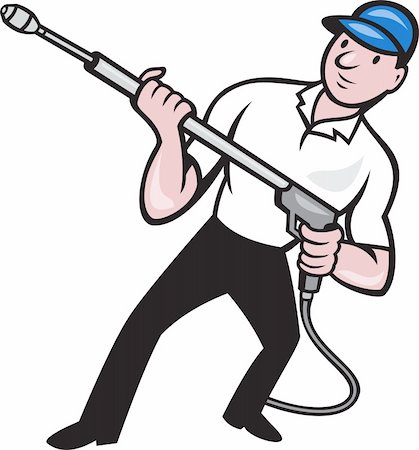 simsearch:400-06737646,k - Illustration of a worker with water blaster pressure power washing sprayer spraying set inside circle done in cartoon style. Foto de stock - Super Valor sin royalties y Suscripción, Código: 400-06331976