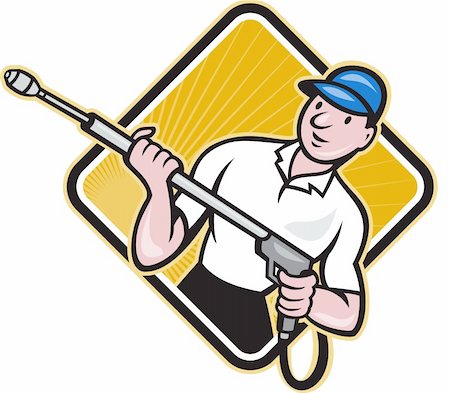 simsearch:400-08680419,k - Illustration of a worker with water blaster pressure power washing sprayer spraying set inside circle done in cartoon style. Stock Photo - Budget Royalty-Free & Subscription, Code: 400-06331977