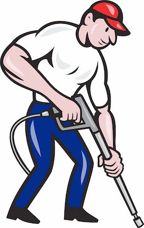 simsearch:400-08680419,k - Illustration of a worker with water blaster pressure power washing sprayer spraying set inside circle done in cartoon style. Stock Photo - Budget Royalty-Free & Subscription, Code: 400-06331978