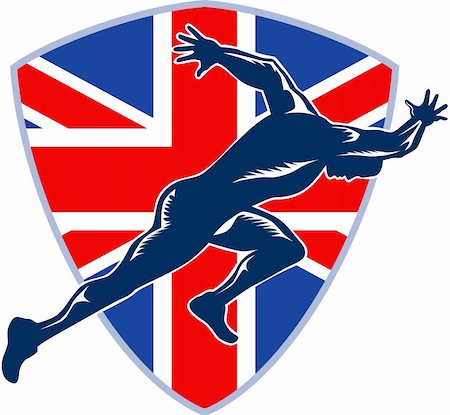 simsearch:400-05331205,k - Retro illustration of a runner sprinter running sprinting viewed from side with union jack Great Britain British flag set inside shield on isolated white background. Foto de stock - Royalty-Free Super Valor e Assinatura, Número: 400-06331971