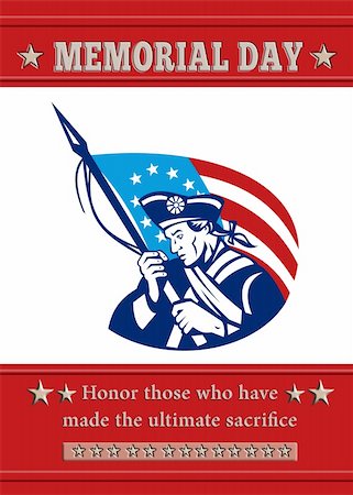 simsearch:400-07116843,k - Poster greeting card Poster greeting card illustration of a patriot minuteman revolutionary soldier holding an American stars and stripes flag  and words veterans day honor those who protected us. Foto de stock - Super Valor sin royalties y Suscripción, Código: 400-06332026