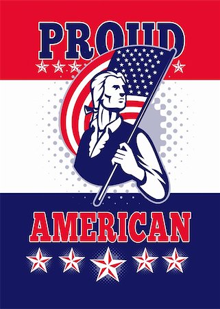 simsearch:400-08919969,k - Poster greeting card illustration of a patriot minuteman revolutionary soldier holding an American stars and stripes flag  and words proud american. Foto de stock - Super Valor sin royalties y Suscripción, Código: 400-06332047