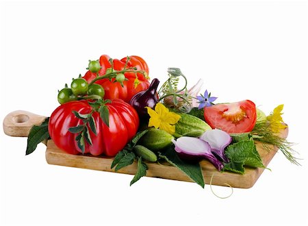 tomatoes, cucumbers and onions on a wooden board Stock Photo - Budget Royalty-Free & Subscription, Code: 400-06332280
