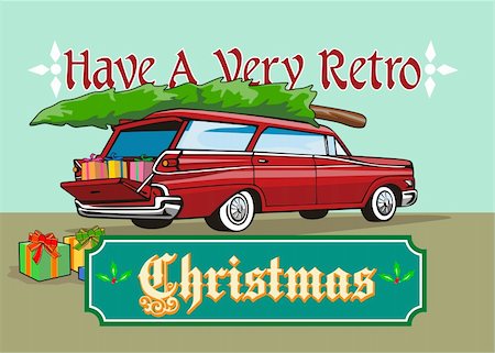 Greeting card poster illustration showing a christmas tree on top of vintage station wagon automobile with gifts presents in the car boot and words "Have a very retro christmas". Stock Photo - Budget Royalty-Free & Subscription, Code: 400-06333227