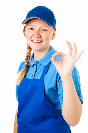 simsearch:400-06917365,k - Teenage girl with her first job, giving the okay sign.  Isolated on white. Stock Photo - Budget Royalty-Free & Subscription, Code: 400-06333297