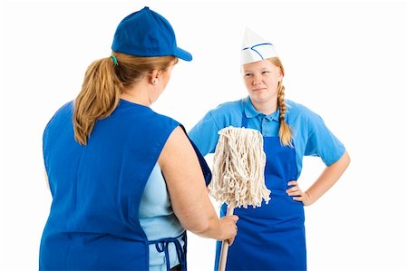 simsearch:400-06917365,k - ...but somebody's got to do it.  Boss hands teen worker a mop to clean up a mess.  Isolated on white. Stock Photo - Budget Royalty-Free & Subscription, Code: 400-06333298