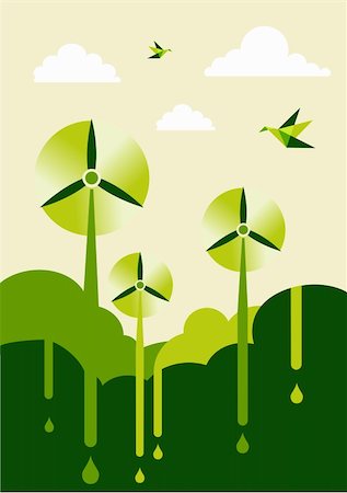 simsearch:400-04384469,k - Go green with-turbine park background illustration. Sustainable development concept. Vector file layered for easy manipulation and custom coloring. Photographie de stock - Aubaine LD & Abonnement, Code: 400-06355691