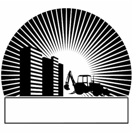 excavator drawing - Construction machinery and buildings in the sun. Black and white illustration. Stock Photo - Budget Royalty-Free & Subscription, Code: 400-06355778